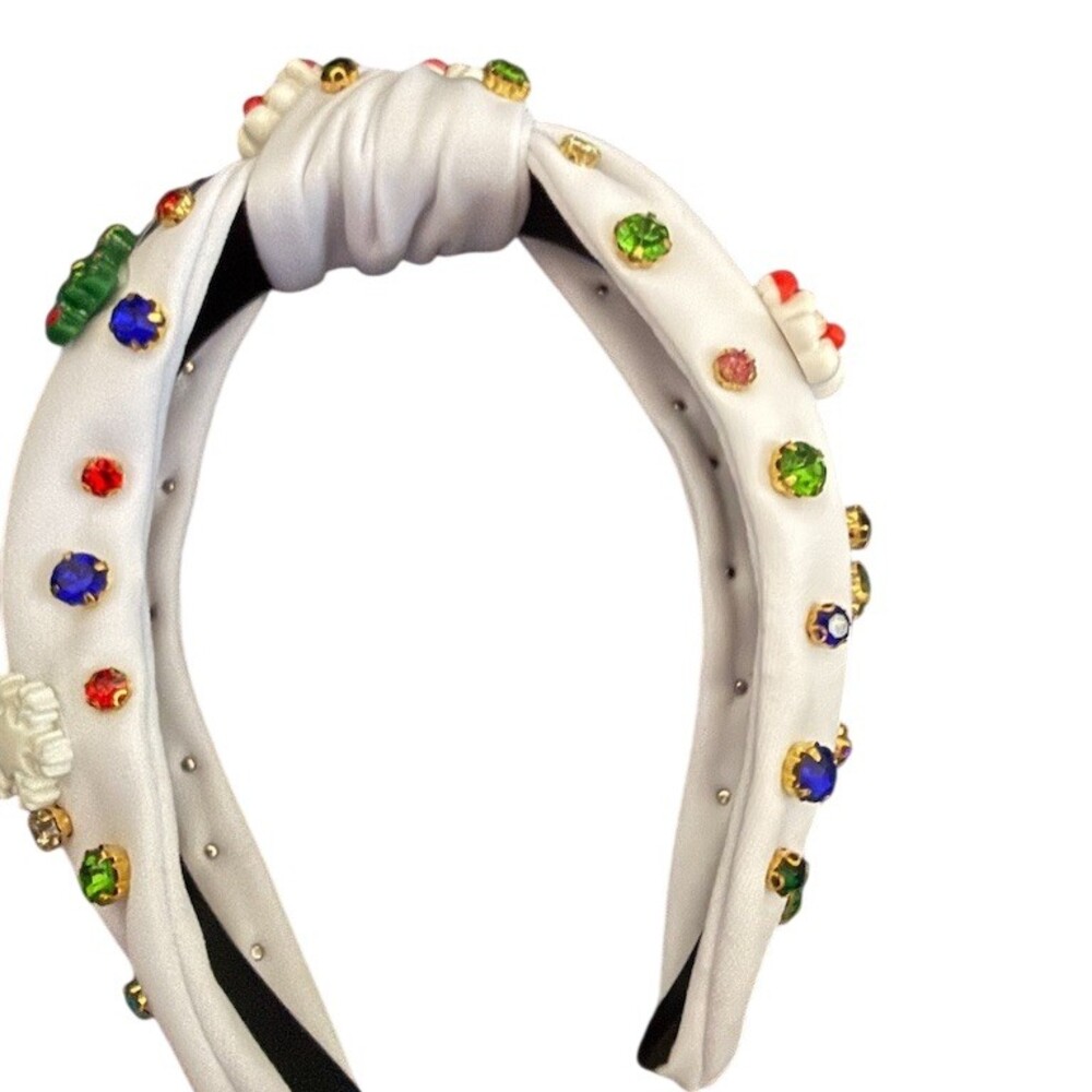 White Knotted Padded Headband Multicolor Rhinestones Christmas Charms